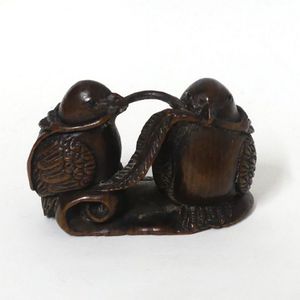 Rosewood Netsuke: Birds with Twig - Netsuke - Oriental