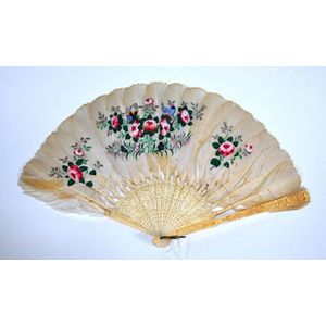 Ivory & Feather Fan with Village Scenes & Floral Sprays - Ivory - Oriental