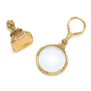 Georigian style gilt fob and Quizzing glass, fob size 35 x 22.2&hellip;