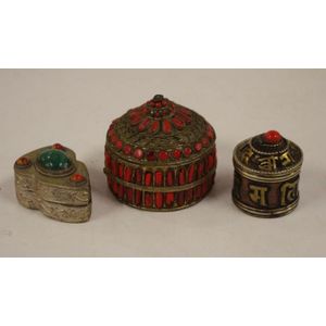 Vintage Tibetan coral & metal trinket box, together with 2…