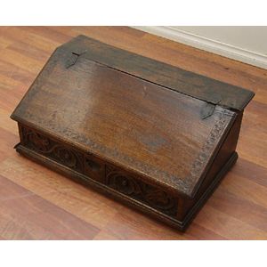 A Georgian carved oak bible box having hardware and fitted…