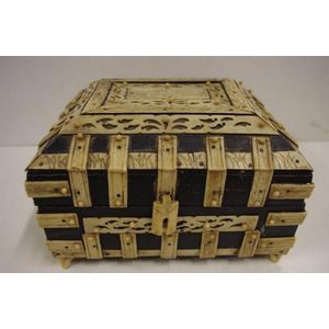 Vintage timber & bone trinket box with rabbit carved plaque, 25…