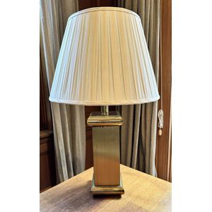 A square brass table lamp with a pleated cream shade, 81 cm high