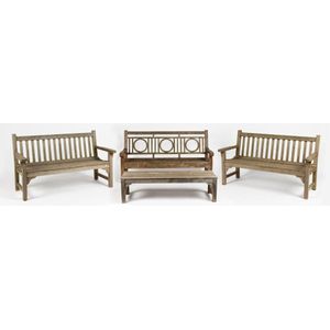 A mixed weathered teak four piece outdoor setting, comprising…