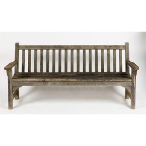 A large weathered teak garden bench, length of back 180 cm