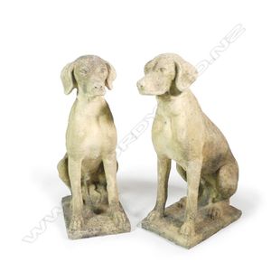 A pair of Churchstone hunting hounds, seated position on plinth…