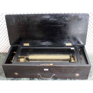 A Victorian Swiss music box, brass plate, veneer inlay to lid,…