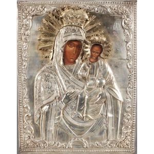 Good 19th century Greek icon and silver oklad, of handsome…