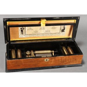 Swiss music box, of long rectangular form, the cover inlaid…