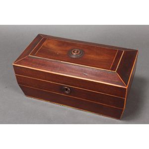 Victorian mahogany inlaid tea caddy, of sarcophagus form,…