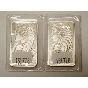Two Swiss Fortuna 1 troy ounce silver ingots each ingot marked,…