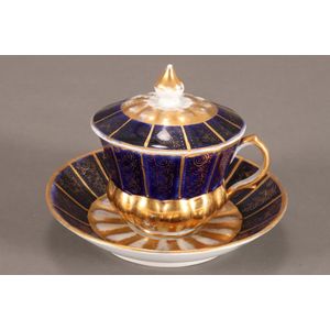 Russian Kuznetsov porcelain chocolate lidded cup and saucer,…