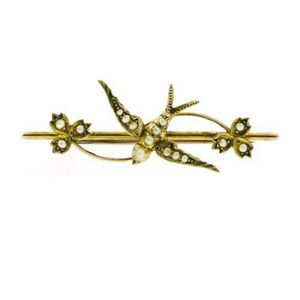 Antique Gold Swallow Brooch with Seed Pearls - Brooches - Jewellery