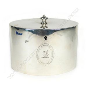 A George III silver plain tea caddy, oval form with seated…