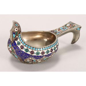 Russian polychrome silver and enamel Kovsh, marked 84, M3…
