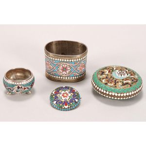 Four Russian enamel wares, comprising small salt marked…
