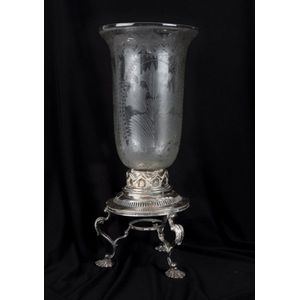 An antique silver plated lamp with engraved glass shade, 19th…