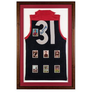 Ron Barassi, signature on Melbourne jumper, mounted with 'Hall…