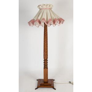 An Australian cedar barley twist standard lamp with shade,…
