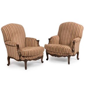 Pair of Mid-19th Century French Louis XV Style Beechwood Bergere Armchairs  - Antiques Resources, Chicago