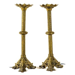 A pair of ecclesiastical brass converted table lamps, height 50…