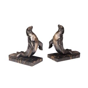 A pair of amusing spelter and marble bookends in the form of…