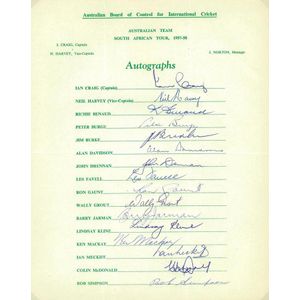1957-58 Australian Team to South Africa, official team sheet…