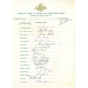1961 Australian Team, official team sheet with 19 signatures&hellip;