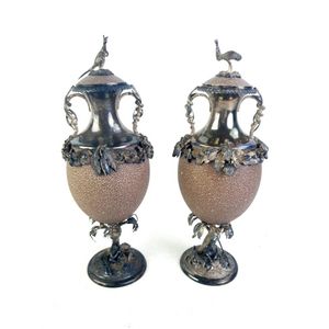 Pair of important Australian Colonial silver mounted emu eggs…