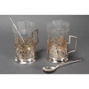 Pair of Russian silver tea cup holders and spoons, beautifully…