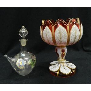 A Victorian ruby glass and enamel comport and Victorian hand…