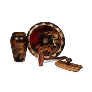 A small collection of pokerwork and a treen desk blotter,…
