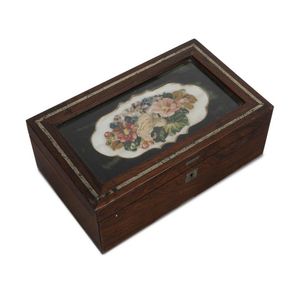 A Georgian workbox, rosewood with silver inlay, window top with…