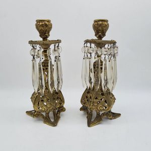 19th century pair of brass candelabra, pierced brass with mask…