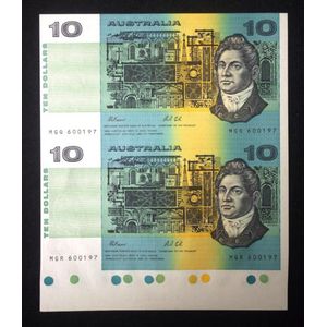 Pair Australian $10 uncut bank notes numbers MGQ600197, and…
