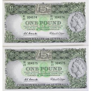 Coombs and Wilson 1961 uncirculated 1 pound notes, Consectutive…