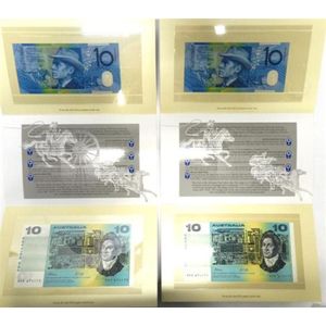 Two Australian 1993 $10 paper & polymer decimal banknotes,…