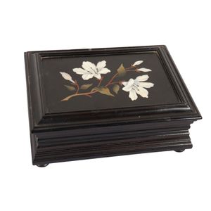 Pietra dura box ebonised trinket box on bun feet, with inlaid…