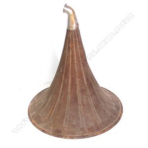 A vintage oak large gramophone horn, with silver plated brass…
