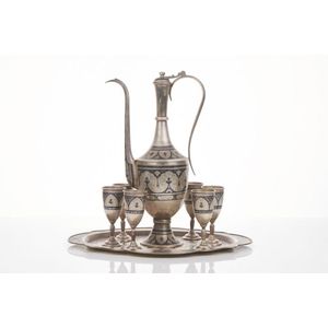 Silver plated middle Eastern tea service, comprising six cups,…