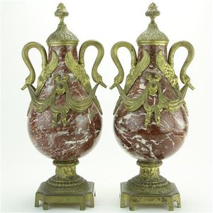 Rosso Francia red marble pair of gilded swan handles urns with…