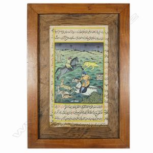An Indian Mughal miniature painting, an equestrian hunt scene,…