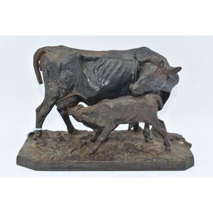 Cast iron cow and calf sculpture signed by P. J. Mene, length…