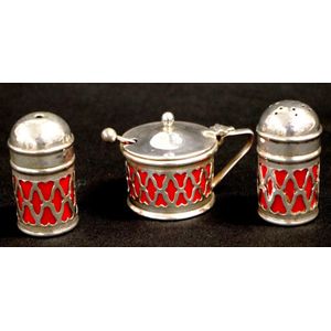 Vintage three piece silver plate condiment set including silver…