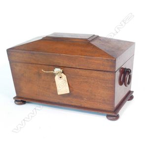A Regency mahogany sarcophagus tea caddy, with ring side…