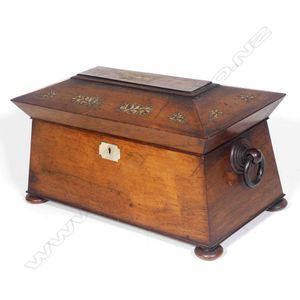 An elegant Regency mahogany sarcophagus tea caddy, with ring…