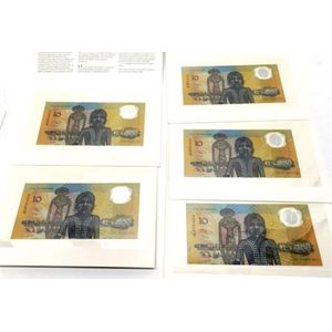 Five Australian commemorative 1988 $10 note in consecutive…