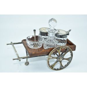 Victorian English oak and silver plated and crystal cruet set…