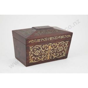 Regency rosewood and brass tea caddy sarcophagus shape with…