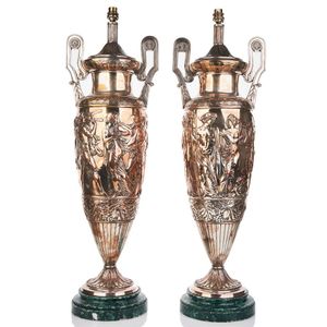 W.M.F., pair of silver plated urns, c. 1910, each decorated in…